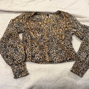 H&M Animal-Print Button-Front Blouse in Tan and Black